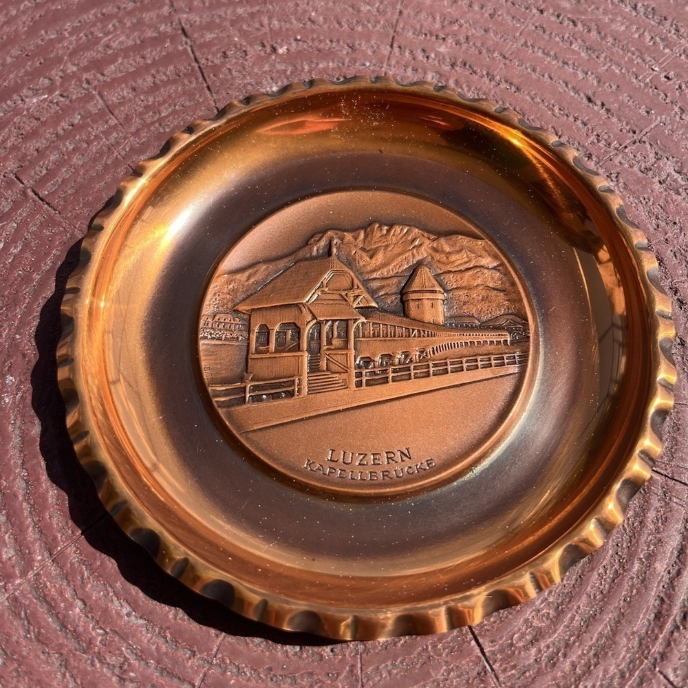 Vintage SIGG copper 8.7” souvenir plate Luzern-Kapellbrucke Switzerland bridge